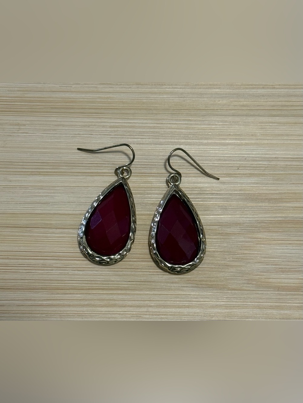 Gold Tone and Red Teardrop Dangle Earrings